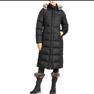 EDDIE BAUER 650 FILL 80% GOOSE DOWN BLACK PARKA LONG COAT HOODED